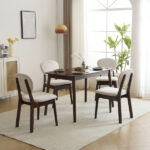Rubber wood soft bag deep walnut dining table and chair set 1 table 4 chairs beige cushion rectangular - Image 39