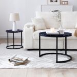 Set 2 Coffee Table Nesting Black top Black Frame Circular Round and Marble Pattern Wooden Tables, Living Room Bedroom Apartment Modern Industrial Simple Nightstand - Image 10