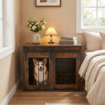 31.5" Dog Crate Furniture with Sliding Barn Door, Wooden Dog Kennel End Table for Indoor Use - Rustic Brown - Image 8