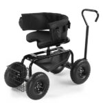 Rolling Garden Cart with Cushioned Backrest & Seat, Outdoor Gardening Stool for Planting, Garden Scooter with 360 Degree Swivel Seat & Steering Handle & Tool Tray, Black - Image 3