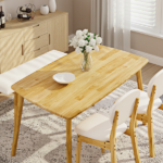 1 Table 2 Chairs 1 Bench Dining Set, Rubber Wood Frame with Beige Upholstered Seats, Natural Wood Finish Rectangular Kitchen Dining Furniture - Image 13