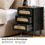 3-Drawer Nightstand with Woven Rattan Fronts and Built-in Power Outlet 15.75"*13.78"*23.82" Black - Image 10