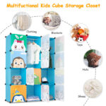 4-Layer 12-Grid 2-Hanging Rod Magic Cube Wardrobe, Plastic + Steel Wire Material with Animal Pattern, Pattern Door Blue Cabinet - Image 13