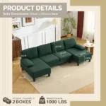 U-Shaped Convertible Sectional Sofa with 2 Chaise Lounges, 4-Seater Modular Couch with Removable & Washable Chenille Covers, 111.4" L x 48.4" D x 33.1" H L-Shaped Couches for Living Room Apartment, Heavy Duty Plastic Legs, Dark Green - Image 9