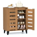 24" Farmhouse Shoe Cabinet with 2 Louvered Doors - 4-Tier Shelves, 3 Adjustable Layers (Natural Wood Grain)