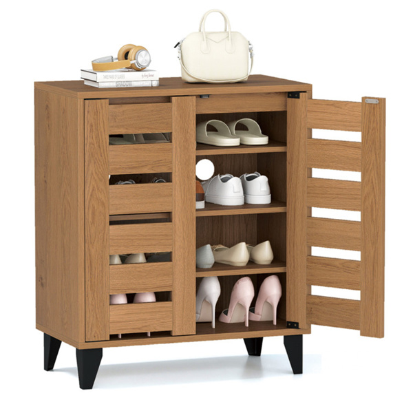 24" Farmhouse Shoe Cabinet with 2 Louvered Doors - 4-Tier Shelves, 3 Adjustable Layers (Natural Wood Grain)