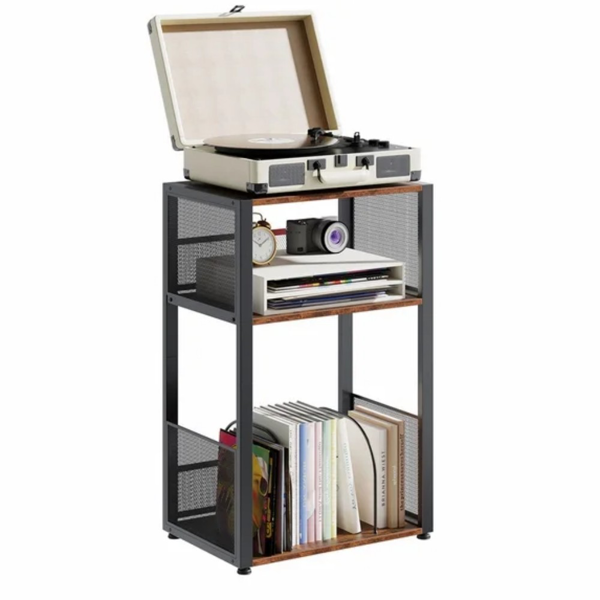 3 Tier Turntable Table with Vinyl Storage for up to 100 Albums, End Side Table for Living Room Rust Brown (Shipment from Walmart)