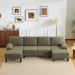 U-Shaped Convertible Sectional Sofa with 2 Chaise Lounges, 4-Seater Modular Couch with Removable & Washable Chenille Covers, 111.4" L x 48.4" D x 33.1" H L-Shaped Couches for Living Room Apartment, Heavy Duty Plastic Legs, Khaki - Image 11