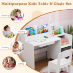 Kids Table and Chair Set with Storage Drawers House-Shaped Study Desk for Playroom Bedroom- White - Image 8