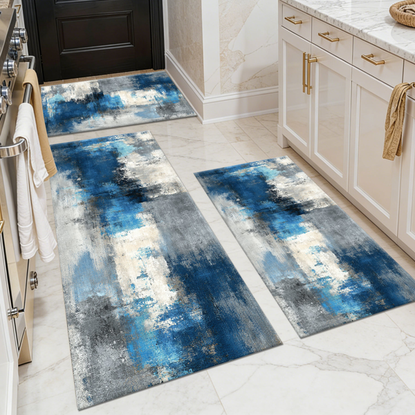Three-piece kitchen rug set, non-slip and washable, abstract pattern kitchen hallway rug, soft and comfortable, suitable for sinks, floors, entrances, hallways and bathrooms.