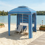 Blue Stripe 5.8ft x 5.8ft Travel Beach Umbrella – with Side Walls, Air Vents, Ruffles and Carry Bag