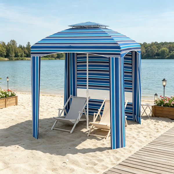 Blue Stripe 5.8ft x 5.8ft Travel Beach Umbrella – with Side Walls, Air Vents, Ruffles and Carry Bag