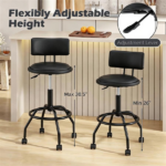Adjustable Height Swivel Bar Stool with Wheels, 360° Rolling PU Leather Counter Bar Chair with Backrest Footrest, Height 26"-30.5" Metal Frame Dining Stool for Kitchen Island Home Bar Black - Image 7