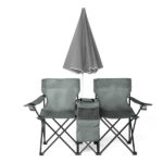 Portable Outdoor 2-Seat Folding Chair with Removable Sun Umbrella Grey - Image 16