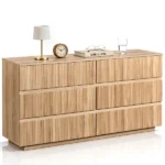 Handleless 6-Drawer Dresser with Grille Finish P2 Particleboard + MDF & Melamine Veneer + Vacuum-Formed Storage Cabinet 55.12*15.75*27.95in Oak - Image 3