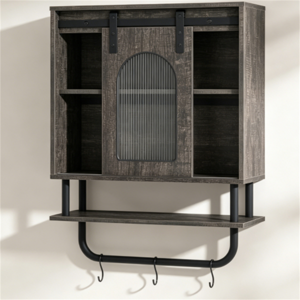 Farmhouse Industrial Wall Mounted Bathroom Cabinet with Sliding Fluted Door, 3‑Tier Storage Organizer with Towel Hooks, for Bathroom Kitchen Laundry Room