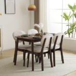 Rubber wood soft bag deep walnut dining table and chair set 1 table 4 chairs beige cushion rectangular - Image 34