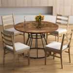 Brown 47" Round Dining Table , Family-Sized for 4-6 People, Hourglass Metal Base & Curved Tabletop - Image 3