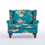 Modern Accent Chair with Retro Wood Legs, Comfy Upholstered Armchair, Floral Design Single Sofa Chair for Living Room Bedroom Office - Floral Cyan
