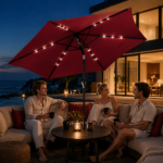 9ft Solar LED Patio Umbrella with Push Button Tilt & Crank, 6 Ribs Waterproof Polyester Outdoor Market Table Umbrella for Garden Backyard Pool, Burgundy - Image 8