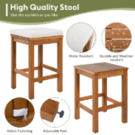 5 Piece Outdoor Bar Set, Patio Acacia Wood Bar Height Table & Four Stools with Cushions, Wood Dining Bar Set for Backyard, Poolside, Balcony, Beige Cushion and Natural Wood - Image 8