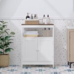 Modern Storage Cabinet with Double Doors, Free-Standing Bathroom Cabinet with Adjustable Shelf and Natural Wood Top, Multi-Purpose Organizer for Kitchen, Living Room, Bathroom or Entryway – White - Image 13