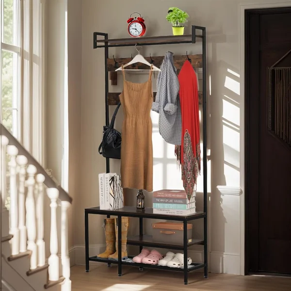 Coat Rack with Shoe Storage, Hall Tree with Bench, 5 in 1 Shoe and Coat Rack for Entryway, with 9 Hooks, A Hanging Rod, 35.5x12x70.8in