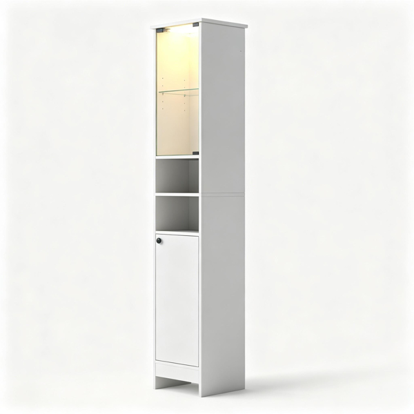 White Freestanding Bathroom Tall Storage Cabinet with Dimmable LED Light & Remote Control, Narrow 12x12 Inch Linen Tower Engineered Wood Organizer with Glass Door Adjustable Shelves Anti-Tip Design