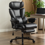 Office Chair with Foot Rest and Waist Lumber Support, Ergonomic Gaming Chair with Adjustable Height Headrest, High-Back Leather Reclining Chair for Home, Black