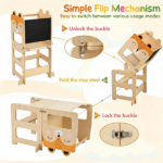 3-in-1 Convertible Toddler Learning Tower Step Stool with Chalkboard, Poplar Wood Flip Design Weaning Table Stool Set Anti-Tip Safety Guardrail 110 LBS Load for Kids 18+ Months Fox Pattern - Image 8
