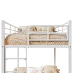 White Twin Bunk Bed Square Tube High Guardrail Side Ladder Opening Iron Bed - Image 9