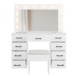 Vanity Desk Set with Large Lighted Mirror and Powre Outlet, Glass Top Makeup Vanity with 9 Drawers, Vanity Table with 12 LED Lights, 3 Lighting Color Adjustable, White - Image 3