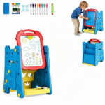 Blue 3-in-1 Kids Double Sided Art Easel, Magnetic Whiteboard & Chalkboard Standing Drawing Board with Adjustable Height Angle, Storage Tray Book Rack Complete Painting Accessories PP Play Easel Gift