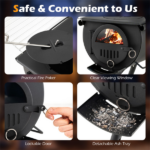 Portable Foldable Wood Burning Tent Stove with 5 Sections Chimney, Heavy Duty Carbon Steel Camping Stove with View Window & Cooking Racks for Outdoor Hunting Camping - Image 5