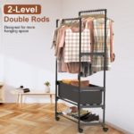 3 Tiered Portable Clothing Rack For Bedroom Entryway Double Hanging Rods Sturdy Iron Garment Rack With Double Height Rods Adjustable Storage Bag Lockable Universal Wheels Easy Assembly - Image 4