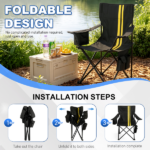 Folding Camping Chair with Built-in Cooler Bag, 350LBS Heavy Duty Portable Outdoor Chair with Cup Holder, Side Pocket & Carry Bag, 33.7"×20.5"×33.5" Black Camping Chair with Yellow Stripes for Beach, Picnic, Fishing - Image 9