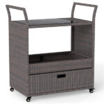 Handwoven PE Rattan Outdoor Bar Cart with Tempered Glass Top & Drawer, 4 Wheels with Brakes Serving Cart for Patio - Image 3