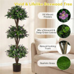 51" Artificial Boxwood Topiary Tree with 59 Flowers, Realistic Faux Evergreen Plant - Purple - Image 9