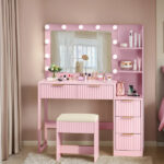 Pink particleboard with a melamine finish, 5-drawer, 2-tiered dressing table set with 11 three-tone light bulbs, power strip, and grille. - Image 6