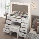 Vanity Desk Set with Large Lighted Mirror and Powre Outlet, Glass Top Makeup Vanity with 9 Drawers, Vanity Table with 12 LED Lights, 3 Lighting Color Adjustable, White - Image 13