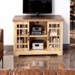 57.87 Inch TV Stand with Deep Brown Top & Natural Wood Cabinet - Double Glass Door Media Console, Laminate Particle Board Entertainment Center for TVs Up to 65 Inches - Image 10