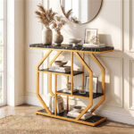 39.5" Modern Sofa Table with 4-Tier Storage, Black & Gold Console Table with Faux Marble Top for Living Room Entryway - Image 9