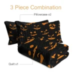 Halloween Pumpkin Face Quilt Set Girly Jack O Lantern Design All Season, Lightweight, Coverlet Bedspread Bedding, 2 Matching Shams, Orange Black, Queen(90"x90"), 3 Piece - Image 3