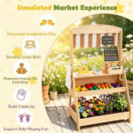 2-in-1 Kids Outdoor Mud Kitchen & Farmers Market Stand, Carbonized Fir Wood Pretend Grocery Store with 25 Pcs Play Food Accessories Double Chalkboards Planter Box - Image 4