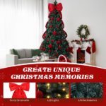 7.5 FT Artificial Christmas Tree with DIY 300 Warm White LED Lights, Hinged Xmas Pine Tree with Giant Bowknot and Red Ball Ornaments for Holiday Party Office Home, Dark Green Tree & Red Decor - Image 5
