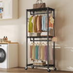 29.5 Inch Rolling Clothes Rack, Adjustable Metal Shelves, Heavy Duty Clothes Rack with Side Hooks for Household, Laundry Room, Black (Shipment from Walmart) - Image 2
