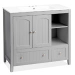 Grey MDF Lacquered Double Door & 2-Drawer Bathroom Vanity Cabinet with Decorative Molding - 91x46x82cm - Image 20