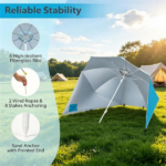 2-in-1 Portable Beach Umbrella with Side Panels UPF 50+ Silver Coated Oxford Cloth, Wind Resistant Vented Canopy with Sand Anchor Stakes Wind Ropes - Turquoise - Image 9