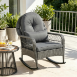 Mix Gray Handwoven PE Rattan Porch Rocking Chair, Metal Frame Safe Smooth Rocker with Removable Washable Zipper Cushions for Backyard Balcony Deck Indoor Reading Nook - Image 10