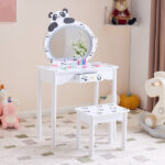 Black and white panda MDF painted finish, solid wood legs, 1-drawer children's dressing table set, LED three-color backlit touch switch - Image 4